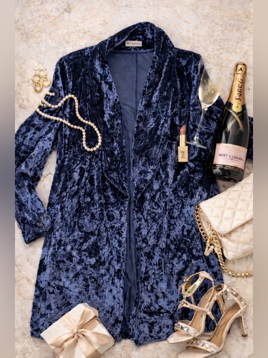 MISSLOOK Sweaters - Misslook Crushed Velvet Open Front Cardigan Duster | Navy Blue Luxe